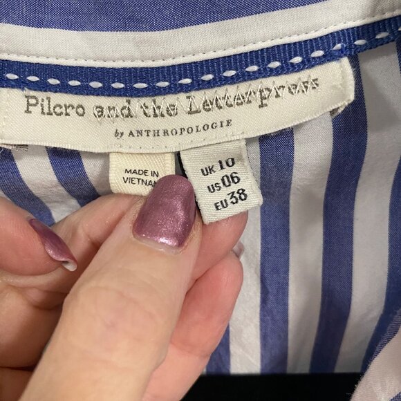 Pilcro and the Letterpress Blue White Striped Button Up Tie Back Blouse Size 6 - Picture 4 of 10